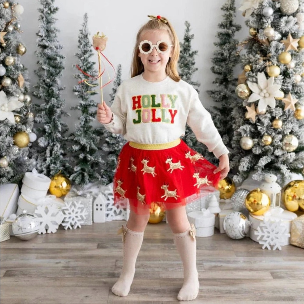 NWT Sweet Wink Girls Red & Gold Sequin Reindeer Tutu Skirt